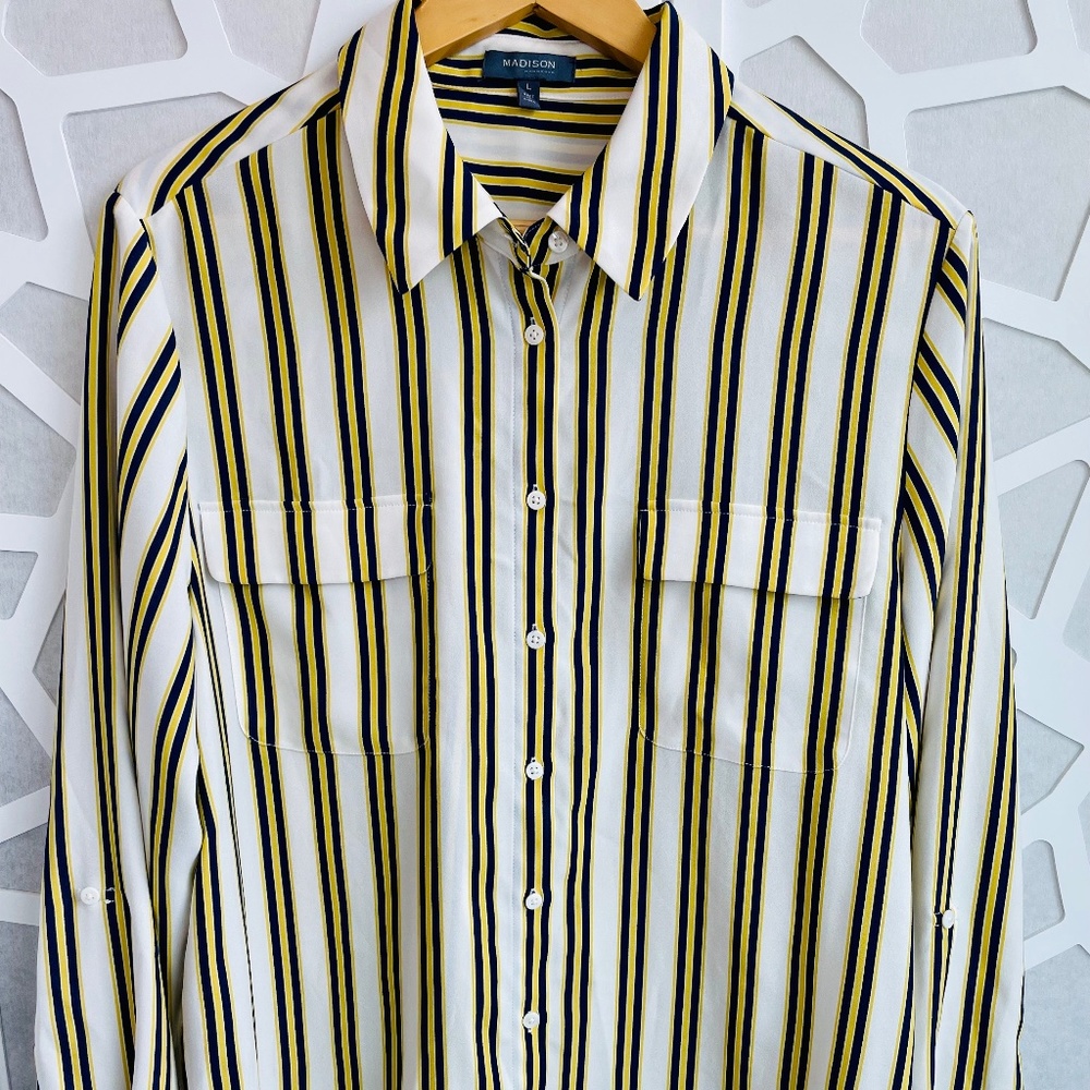 Madison Women's Striped Button Shirt White Yellow Blue sz L Large in EUC
